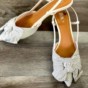 Zara flat slingback low heel. Black and white stripe. Worn once.